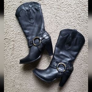 Justin Moto Western Buckle Strap Heeled Leather Boots